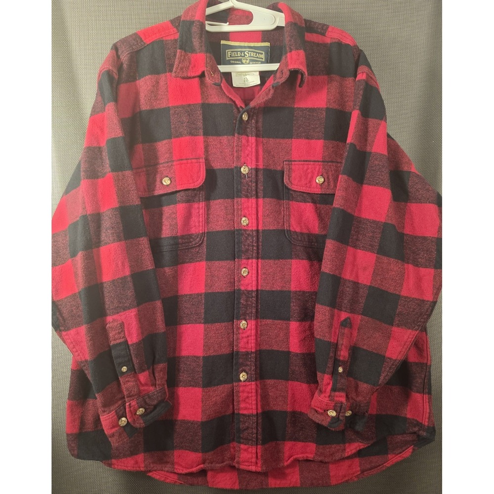 Field & Stream Men's XL Buffalo Plaid Flannel Shirt Red Black 100% Cotton
